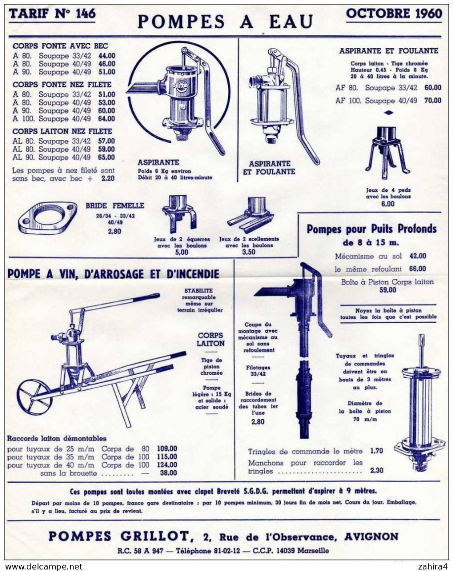 Pompe Provencale GRILLOT Avignon  1960   Débite 2 Fois Plus - Publicités