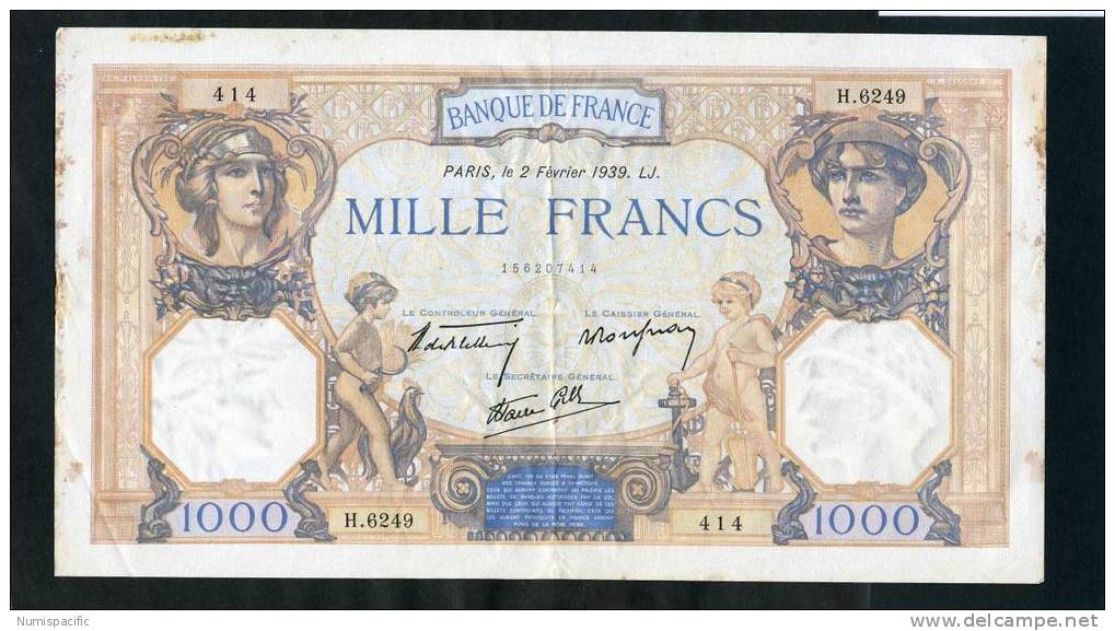 1000 Francs Cérès Et Mercure 1927 Modifié Du 02/02/1939 Fay 38/34 !!! - 1 000 F 1927-1940 ''Cérès Et Mercure''