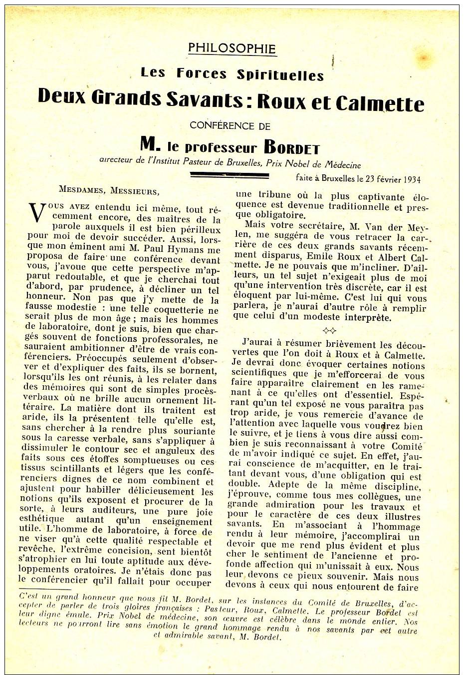 Conferencia 1/07/1934: Forces Spirituelles: Roux Et Calmette:16P - Tout Autour De La Tour Eiffel :10P - Chopin:7P - 1900 - 1949