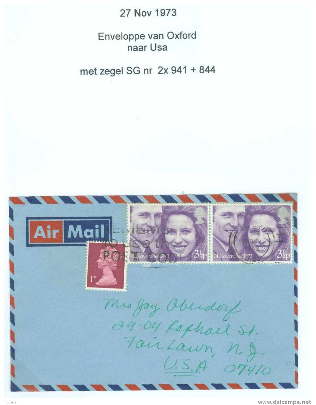 1973 SG 2X941 + 844 ENVELOPPE  OXFORD TO USA - STAMP XMAS  ENGEL ANGEL - - BOX CANCELL. - Sin Clasificación