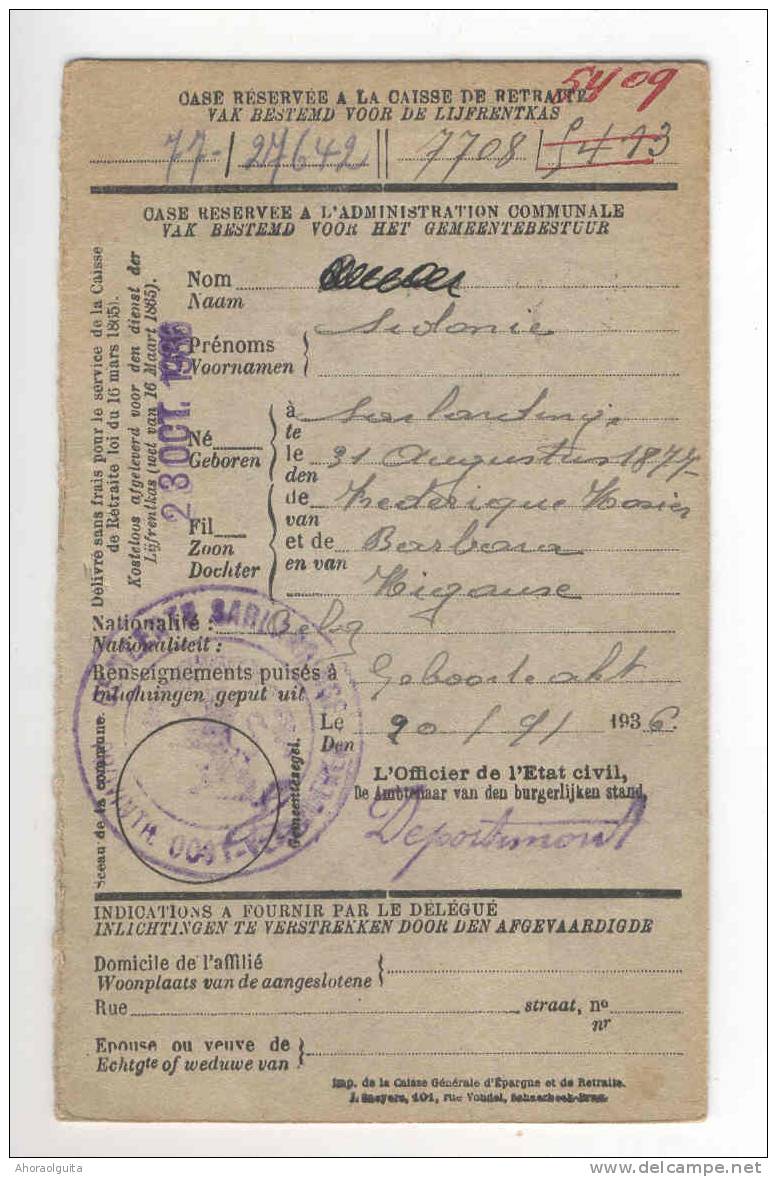 Carte Caisse De Retraite GEERAARDSBERGEN 1936 - Cachet De La Commune De SARLANDINGE Au Verso --  OO/002 - Folletos De La Oficina De Correos