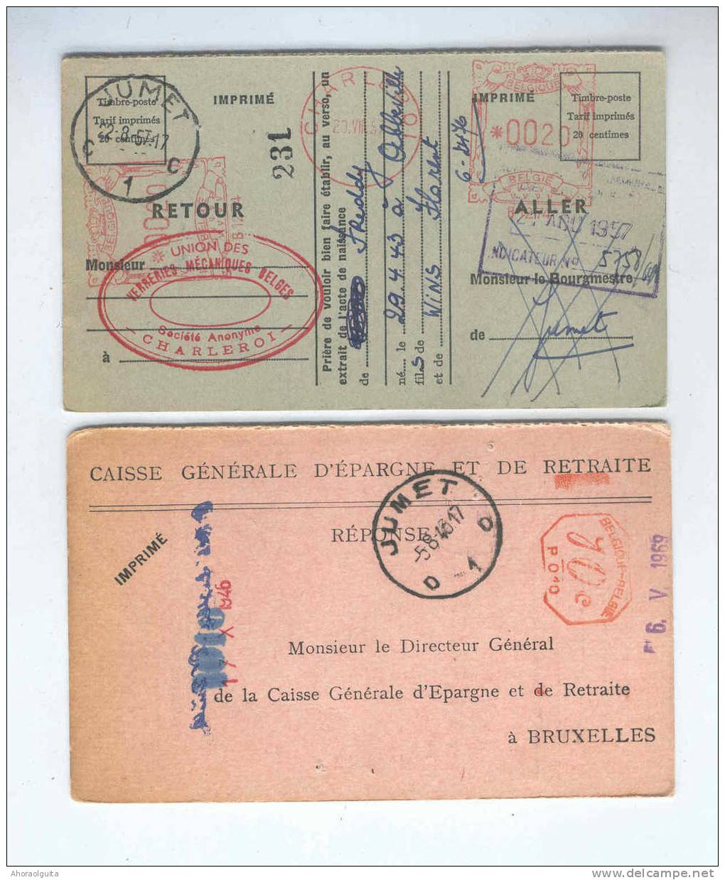 2 X Carte Caisse De Retraite JUMET 1943/57 - 1 X Cachet De La Commune Au Verso --  OO/005 - Folletos De La Oficina De Correos