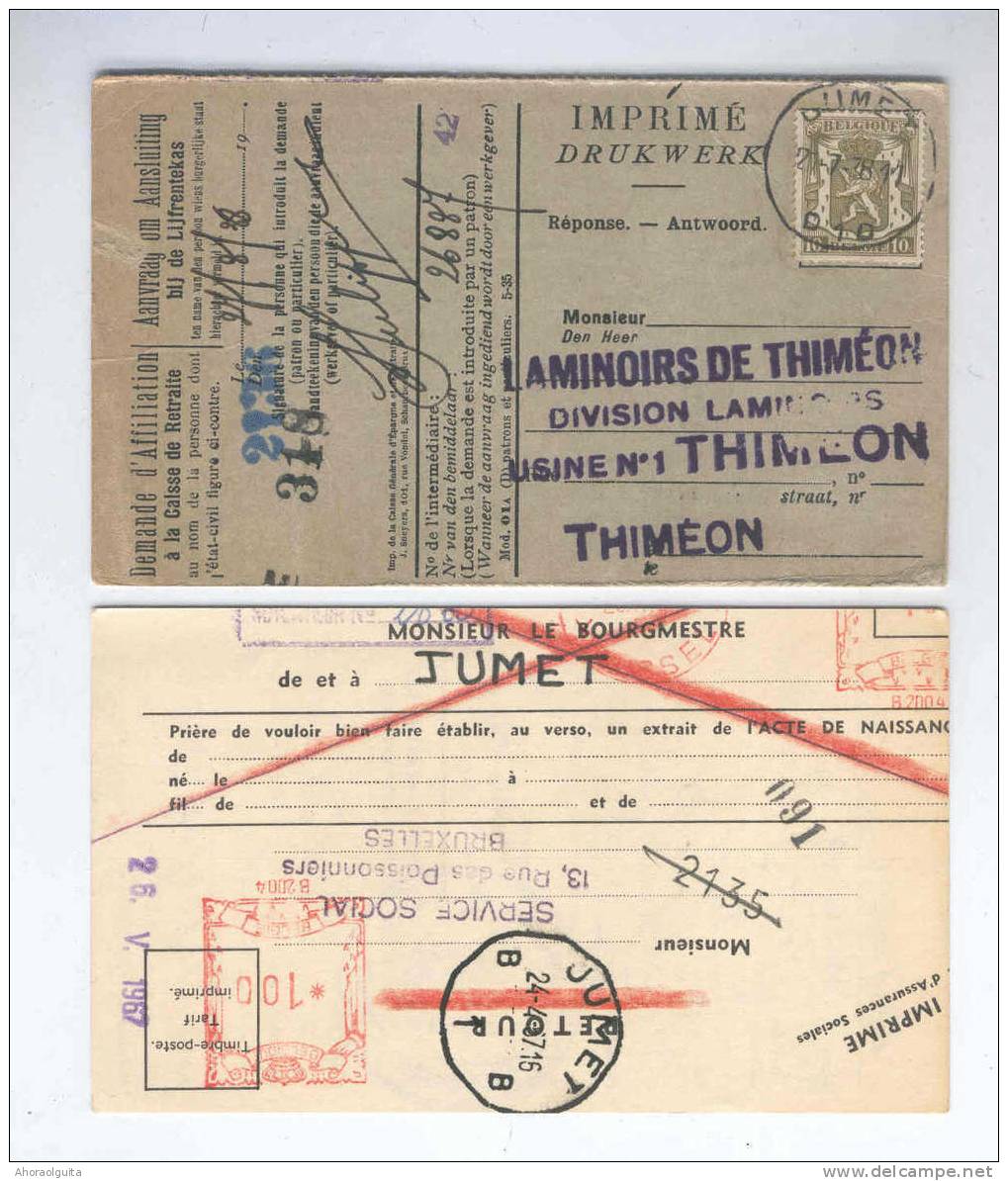 2 X Carte Caisse De Retraite JUMET 1938/67 - 2 X Cachet De La Commune Au Verso --  OO/006 - Dépliants De La Poste