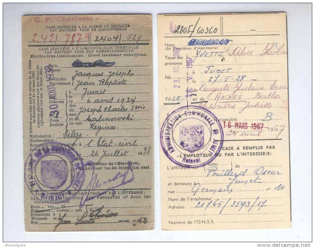 2 X Carte Caisse De Retraite JUMET 1938/67 - 2 X Cachet De La Commune Au Verso --  OO/006 - Post Office Leaflets