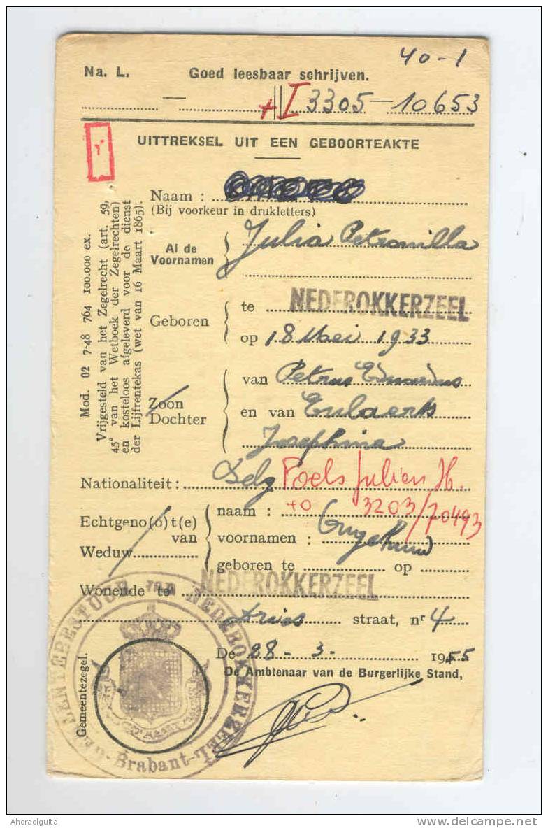 Carte Caisse De Retraite KORTENBERG 1955 -  Cachet De La Commune De NEDEROKKERZEEL Au Verso --  OO/009 - Volantini Postali