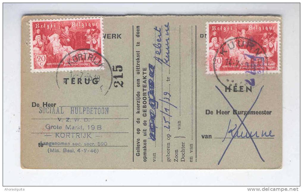 Carte Caisse De Retraite KUURNE 1955 -  Cachet De La Commune Au Verso --  OO/010 - Folletos De La Oficina De Correos