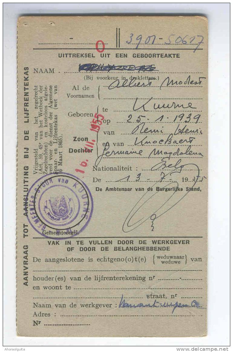 Carte Caisse De Retraite KUURNE 1955 -  Cachet De La Commune Au Verso --  OO/010 - Folletos De La Oficina De Correos