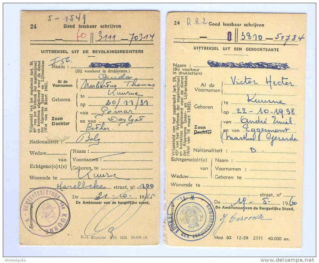 2 X Carte Caisse De Retraite KUURNE 1955/60 - 2 X  Cachet De La Commune Au Verso --  OO/011 - Dépliants De La Poste