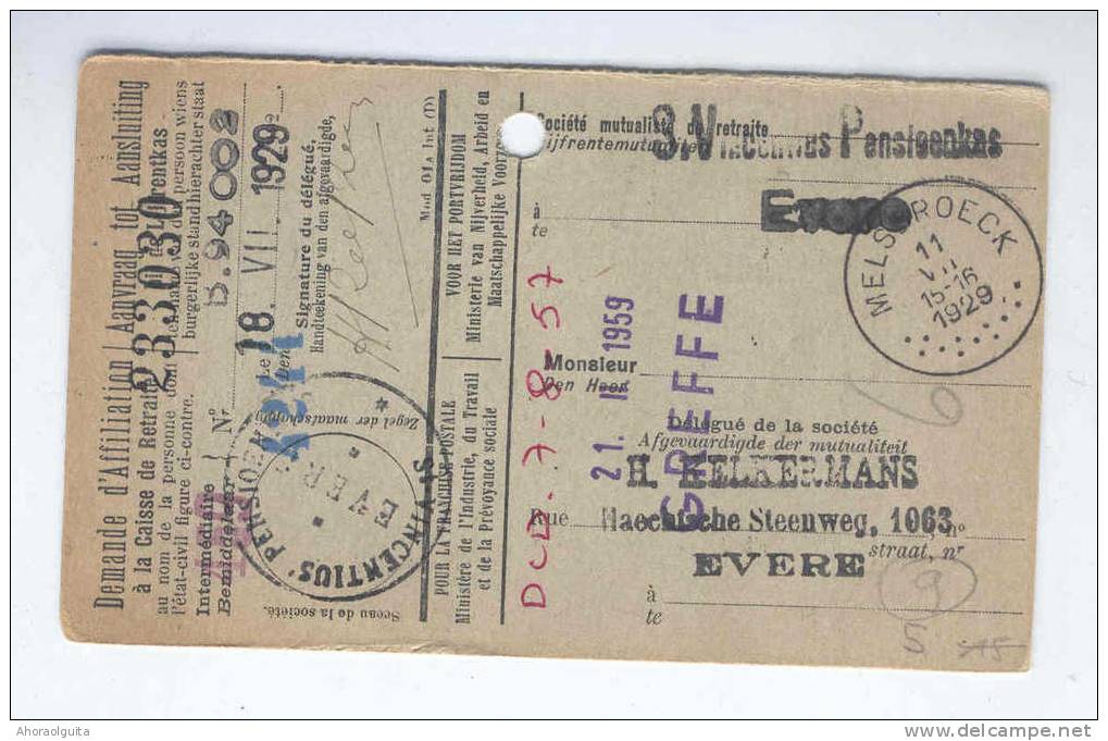 Carte Caisse De Retraite MELSBROECK 1929 - Cachet De La Commune Au Verso --  OO/015 - Volantini Postali