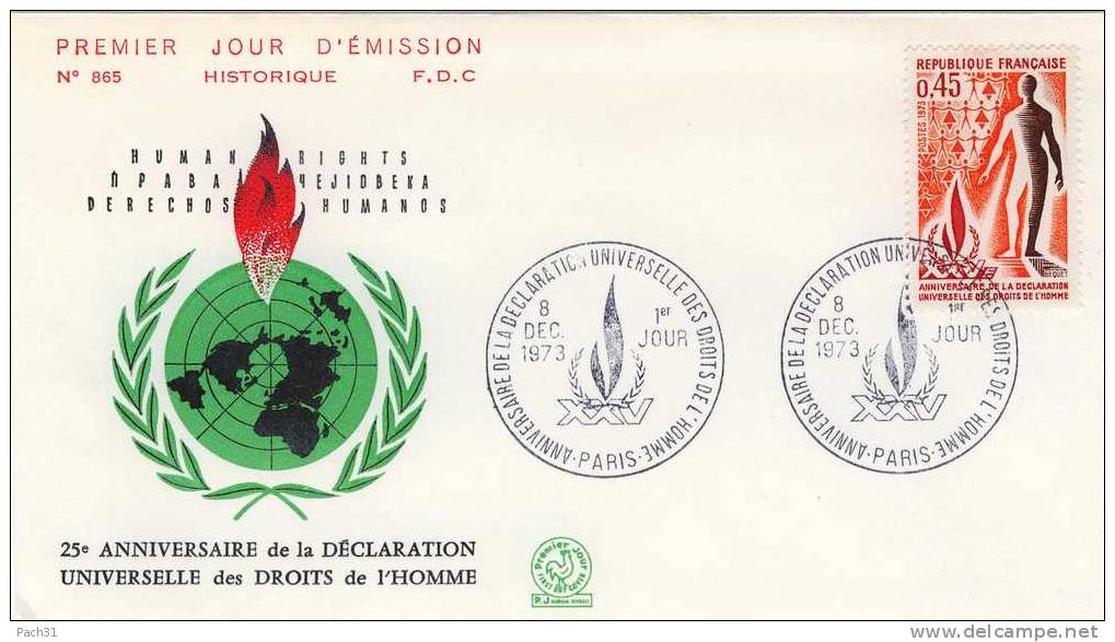 FDC Anniversaire De La Déclaration Des Droits De L'homme Paris 8 12 1973 - 1970-1979