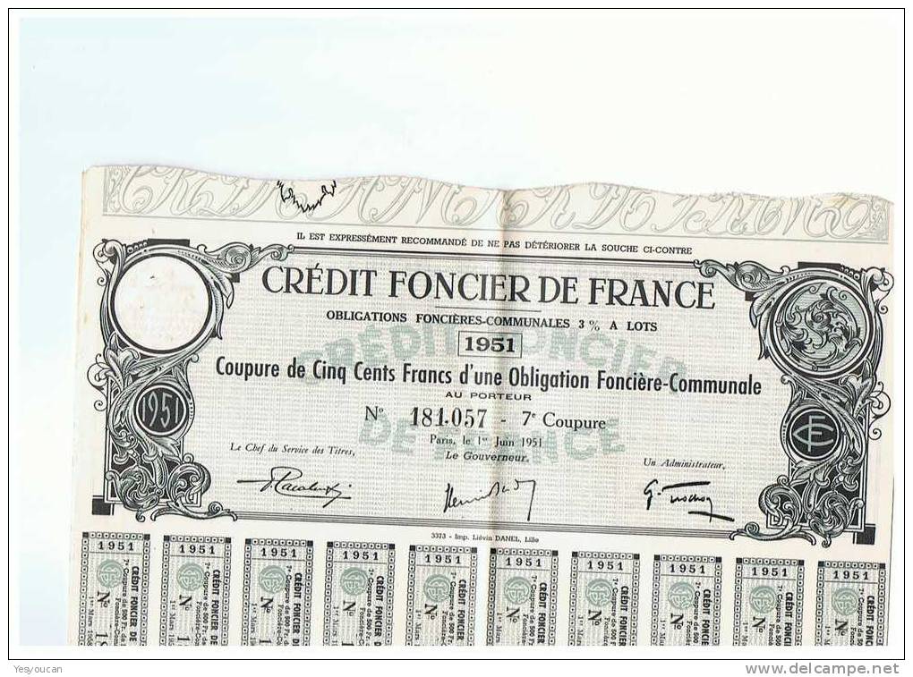 CREDIT FONCIER DE FRANCE 1951 (500F) - Bank & Insurance