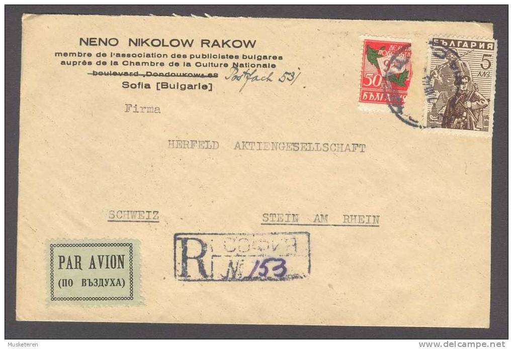 Bulgaria Par Avion Label NENO NIKOLOW RAKOW Culture Nationale, Sofia Registered Cover 1949 To Stein Am Rhein Schweiz - Storia Postale