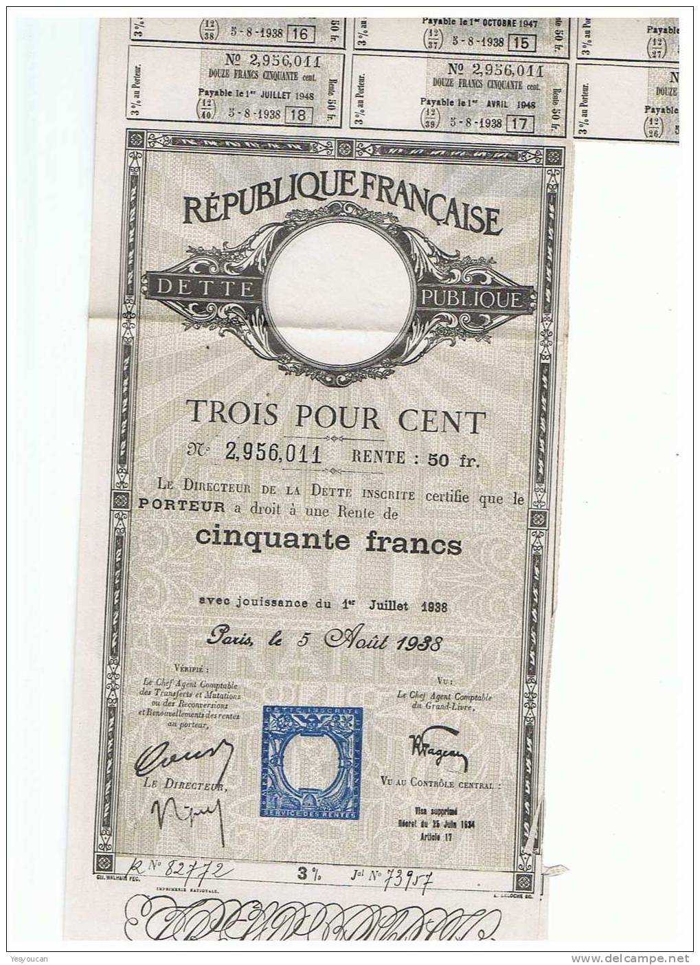 REPUBLIQUE FRANCAISE DETTE PUBLIQUE TROIS POUR CENT 1938 - Bank En Verzekering