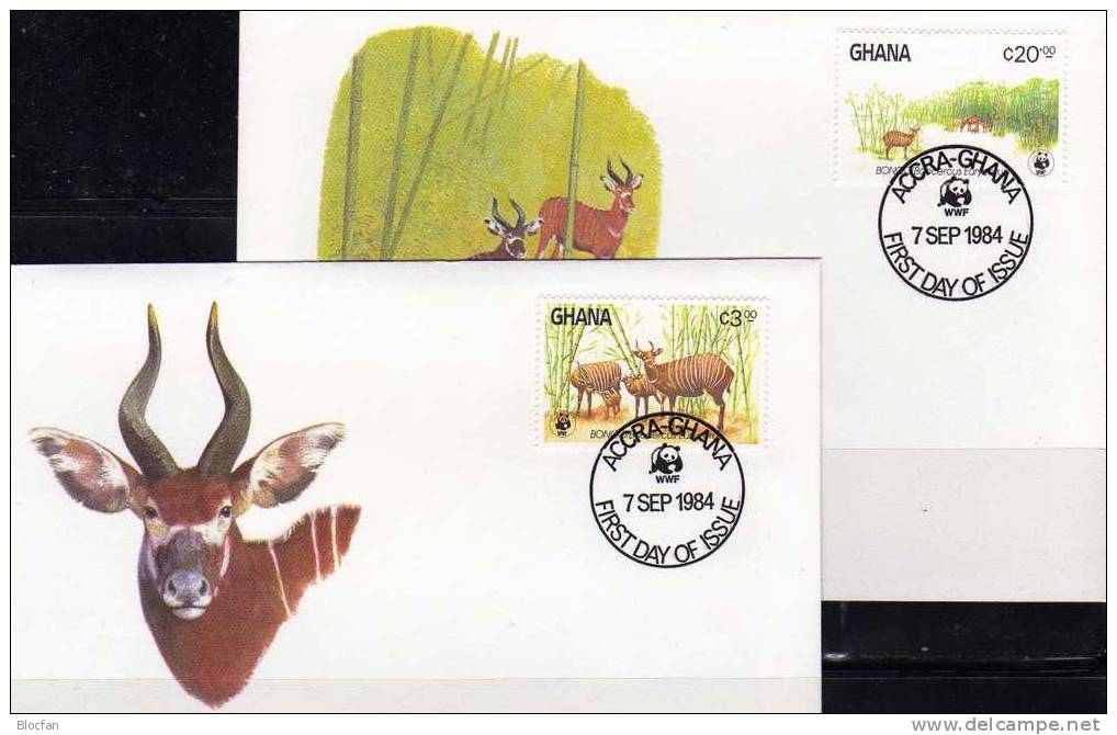 WWF-Set 15 Ghana 1060/3 **,4FDC+4MKt. 37CHF Bongo Antilope der Steppe Dokumentation 1984 cover maxicard set of Africa