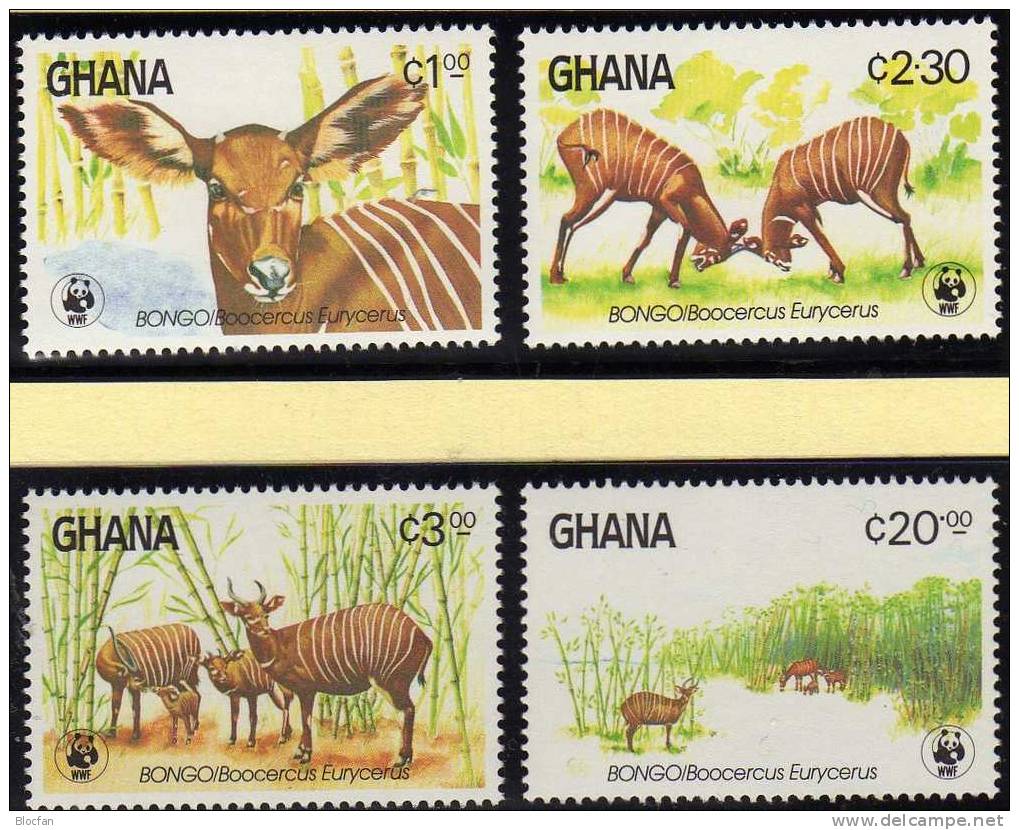 WWF-Set 15 Ghana 1060/3 **,4FDC+4MKt. 37CHF Bongo Antilope der Steppe Dokumentation 1984 cover maxicard set of Africa