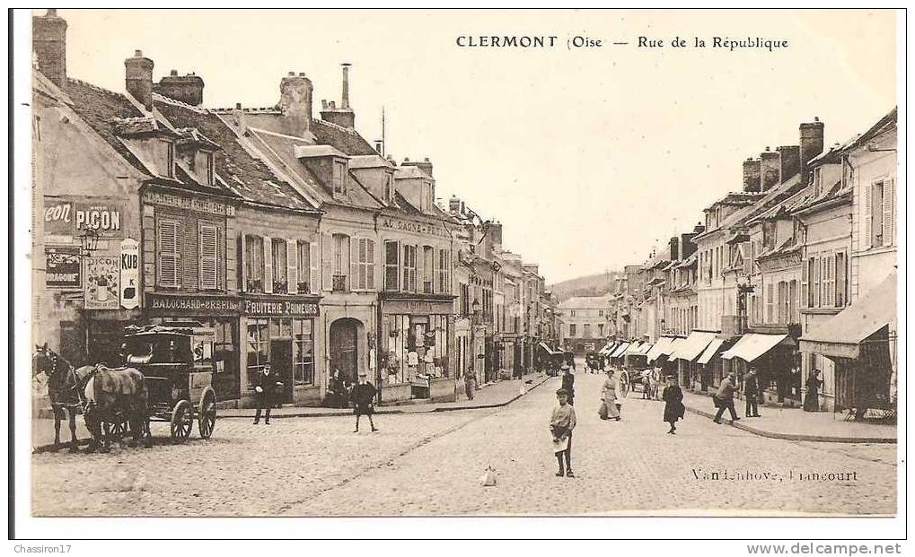 60 -  CLERMONT  -  Rue De La République   - Animée Voiture Detransport à 2 Chevaux, Magasins, Pubs Picon, Kub... - Clermont