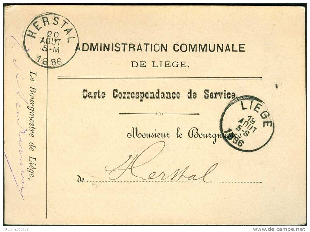 Carte Correspondance De L'administration Communale De Liège Vers Herstal En 1886 - Portofreiheit