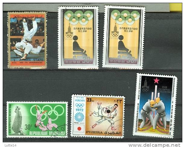 JUDO Lot N°16, 6 Timbres :Togo -  Fujeira - Ajman State - Corée - - Judo