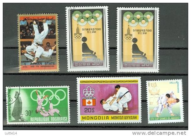 JUDO Lot N°19, 6 Timbres :Togo -  Ajman State - Corée - Mongolie - Pakistan - Judo