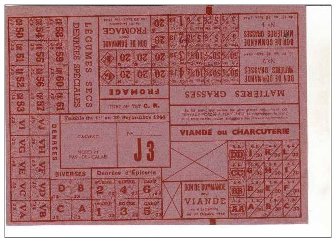 Ticket De Rationnement Lettre J3 1944 Titre 757 C.r. - Documents