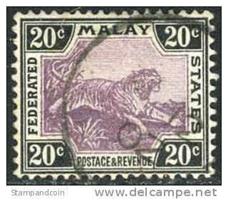 Malay States #24 (SG #21) Used 20c Tiger From 1901 (watermark 2) - Federated Malay States