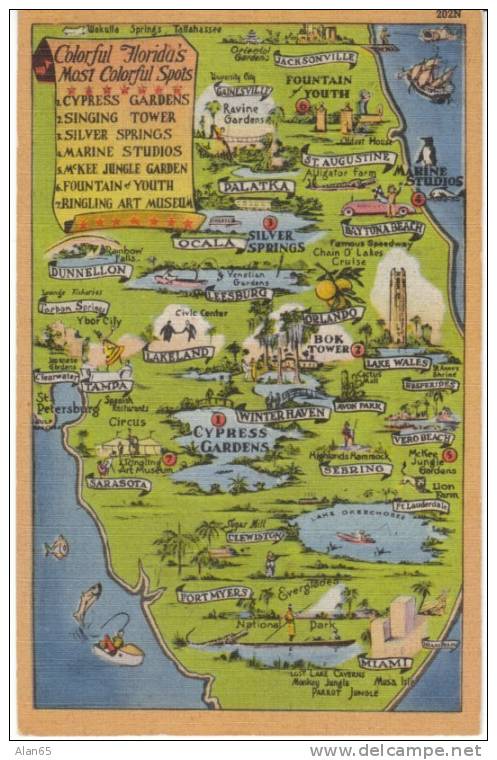 Colorful Florida Spots On C1930s/40s Vintage Linen Postcard, Miami, Tampa St Pete, Jacksonville - Maps