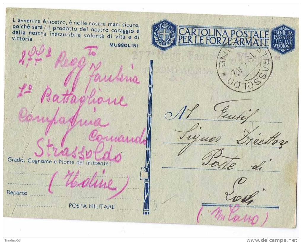 STRASSOLDO  UDINE  ST.  POSTALE    1942   CORRISPONDENZA  DI  GUERRA - Udine