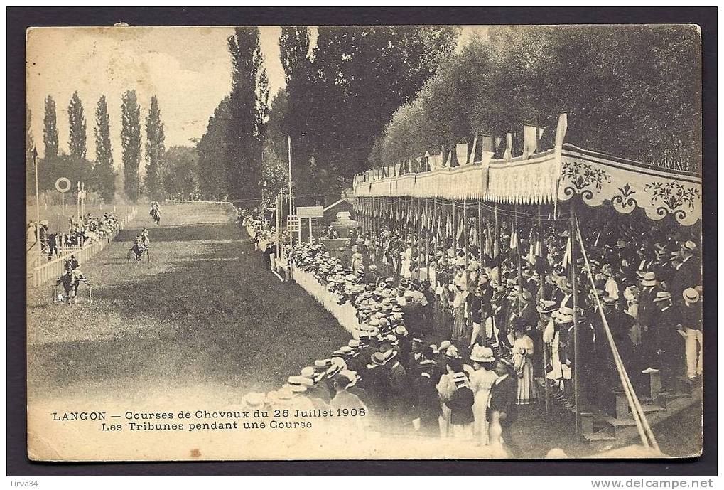 CPA  ANCIENNE- FRANCE- LANGON (33)- COURSES DE CHEVAUX ATTELÉS : 26-7-1908- LES TRIBUNES- TRES BELLE ANIMATION GROS PLAN - Langon