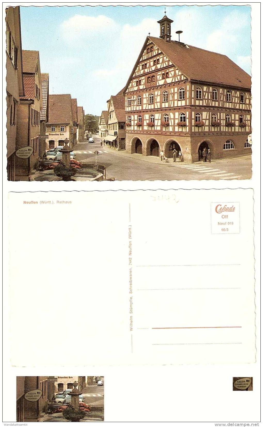 AK 019 Neuffen (Württ.) Rathaus VW-Käfer Salon Eckhard Kunz Scharfes Eck Herausgegeben Von Wilhelm Stümpfle Schreibwaren - Esslingen