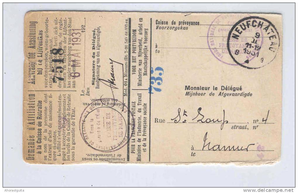 Carte Caisse De Retraite NEUFCHATEAU 1931 - Cachet De La Commune De TOURNAY Luxembourg Au Verso  --  OO/026 - Volantini Postali