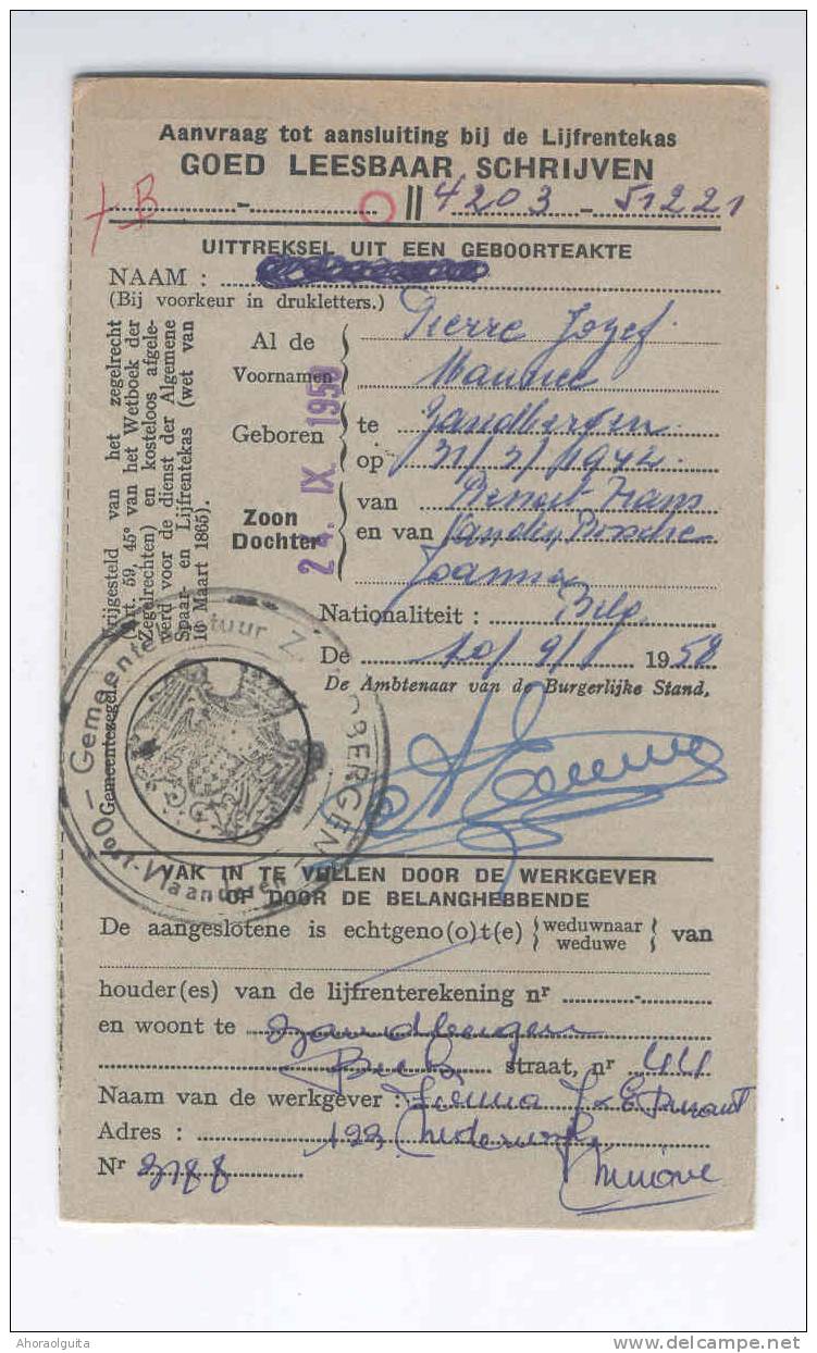 Carte Caisse De Retraite NINOVE 1958 - Cachet De La Commune De ZANDBERGEN Au Verso  --  OO/029 - Folletos De La Oficina De Correos