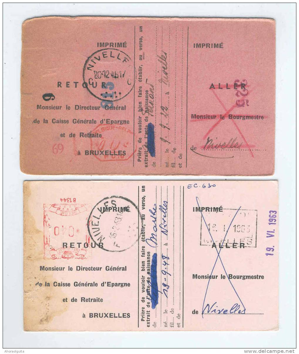 2 X Carte Caisse De Retraite NIVELLES 1946/63 - Cachets De La Commune Au Verso  --  OO/030 - Dépliants De La Poste