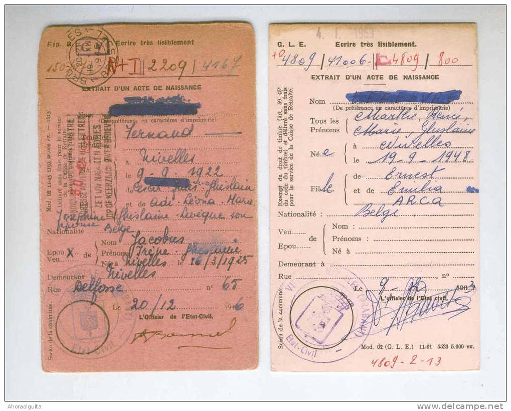 2 X Carte Caisse De Retraite NIVELLES 1946/63 - Cachets De La Commune Au Verso  --  OO/030 - Volantini Postali