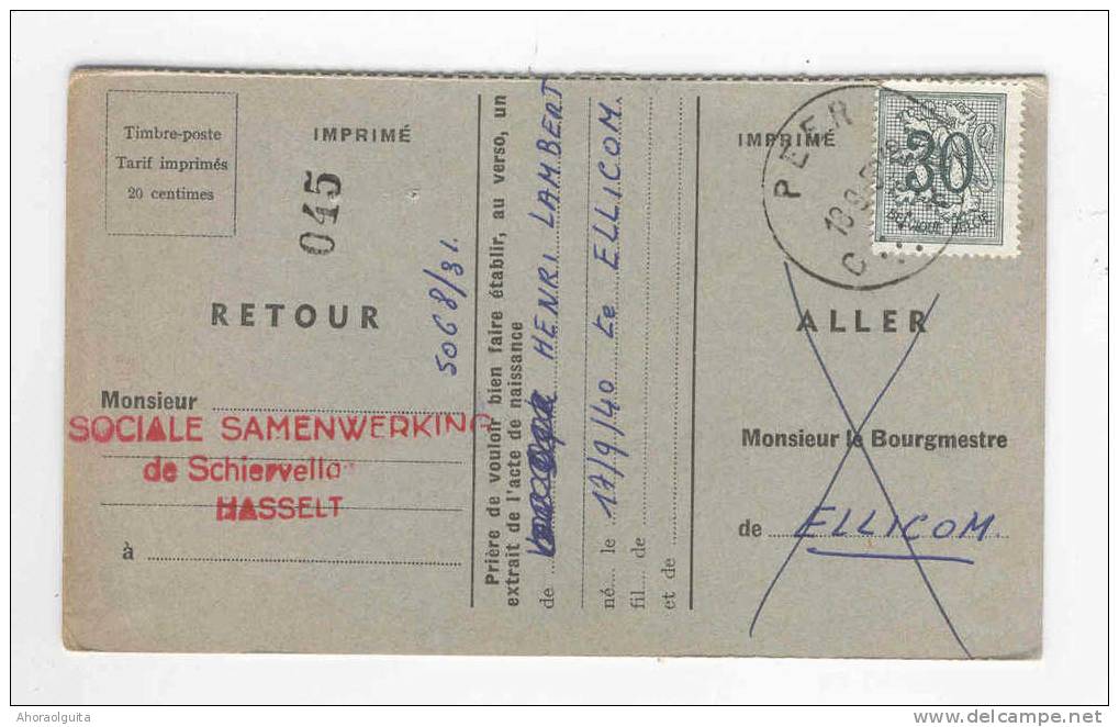 Carte Caisse De Retraite PEER 1958 - Cachet De La Commune De ELLIKOM Au Verso  --  OO/031 - Postkantoorfolders