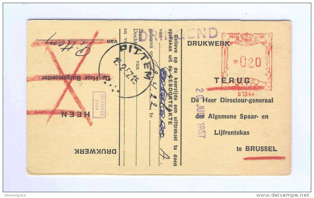 Carte Caisse De Retraite PITTEM 1957 - Cachet De La Commune Au Verso  --  OO/032 - Folletos De La Oficina De Correos