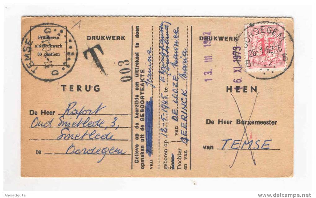 Carte Caisse De Retraite TEMSE Vers OORDEGEM 1962 - Taxée Au Retour - Cachet De La Commune Au Verso  --  OO/034 - Volantini Postali