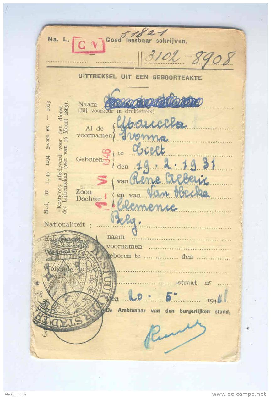 Carte Caisse De Retraite TIELT 1946 - Cachet De La Commune Au Verso  --  OO/036 - Post-Faltblätter