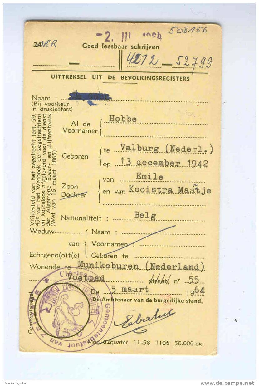 Carte Caisse De Retraite ZELZATE 1964 - Cachet De La Commune Au Verso  --  OO/037 - Post-Faltblätter