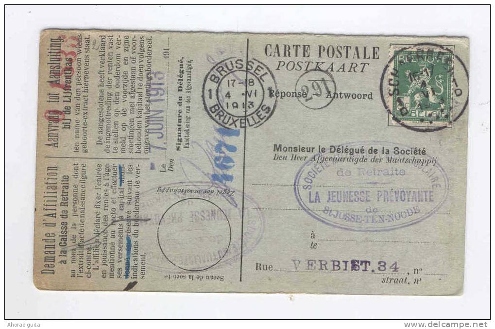 Carte Caisse De Retraite TP Pellens SCHAERBEEK 1913 Vers ST JOSSE TEN NOODE - Cachet De La Commune Au Verso  --  OO/042 - Volantini Postali