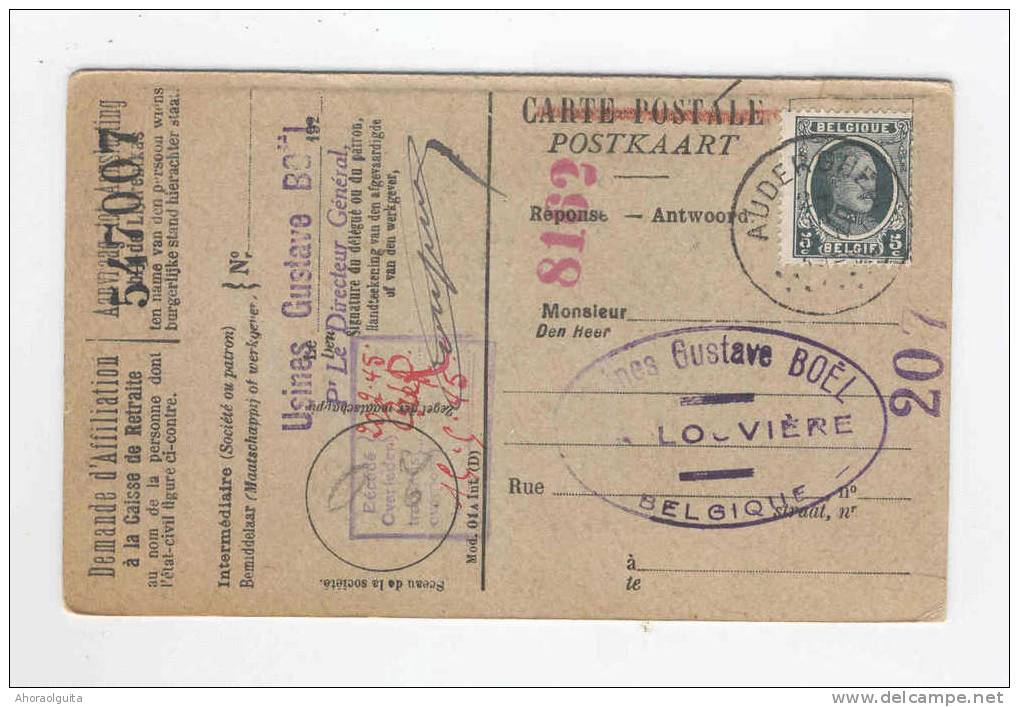 Carte Caisse De Retraite TP Houyoux AUDERGHEM 1926 Vers LA LOUVIERE - Cachet De La Commune Au Verso  --  OO/043 - Folletos De La Oficina De Correos