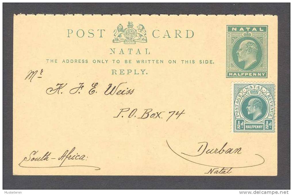 Natal Uprated Postal Stationery Ganzsache Entier Reply Card King Edward VII To Durban South Africa - Natal (1857-1909)