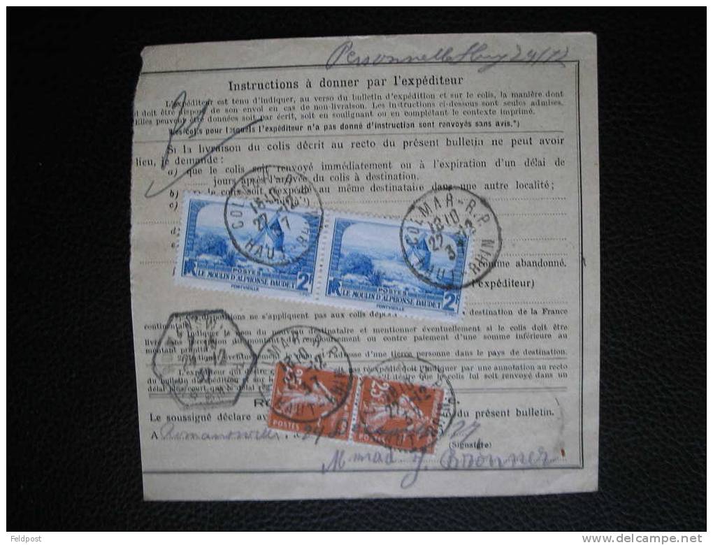 Bulletin D´expédition De Colis Postal D´Alsace  - Colmar 1937 - Briefe U. Dokumente