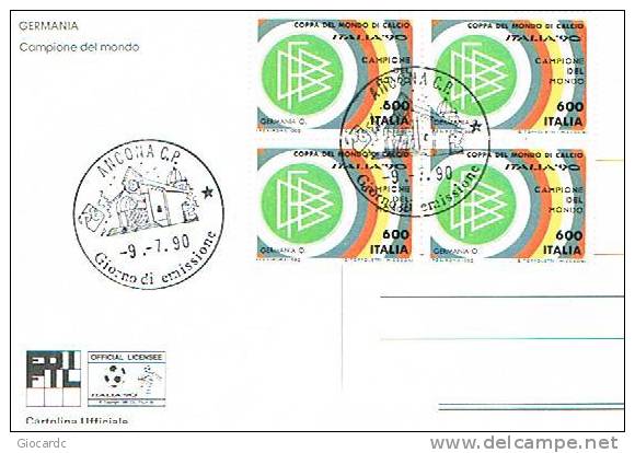 ITALIA - UNIF. 1960 - FDC MAXIMUM UFFICIALE  - 1990  GERMANIA CAMPIONE DEL MONDOI CALCIO 1990 (QUARTINA)- RIF. 10068 - Maximum Cards