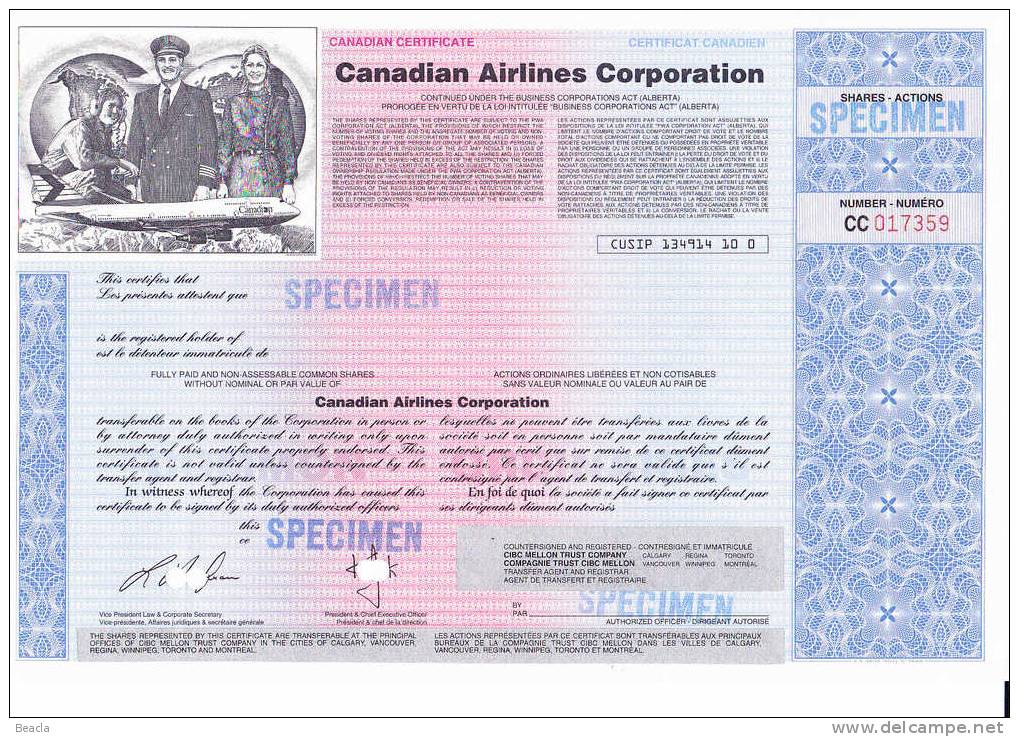 Canadian Airlines Specimen - Blue (Action, Titre, Aktie, Stock Certificate) - Aviación