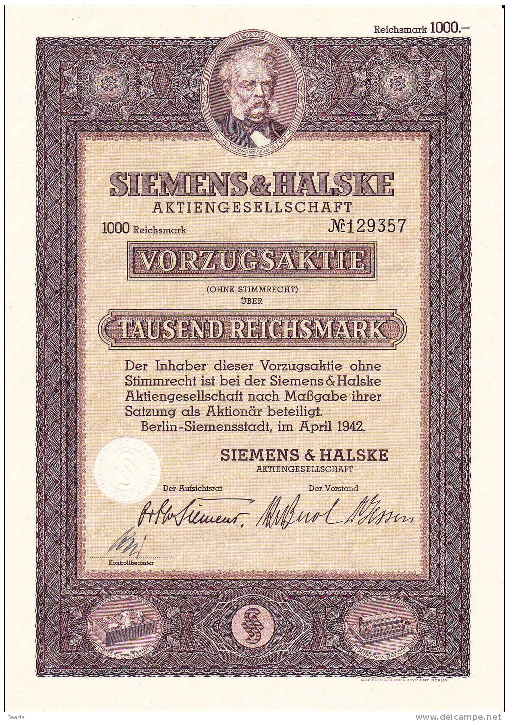 Siemens, 1942 (Action, Titre, Aktie, Stock Certificate) - Industry