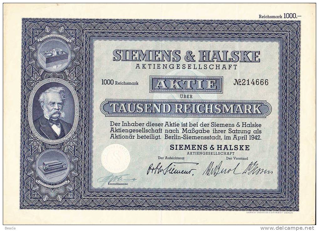 Siemens, 1942 (Action, Titre, Aktie, Stock Certificate) - Elettricità & Gas