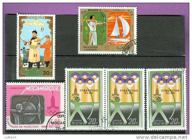 TIR A L´ARC Lot N°08, 6 Timbres: Mongolie - Corée - Mozambique - Sharjah - Tir à L'Arc