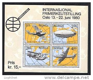 NORVEGE 1979, NORWEX 80, AVIONS, HYDRAVION, DIRIGEABLE, 4 Valeurs En Feuillet, NEUFS. R376 - Sonstige (Luft)