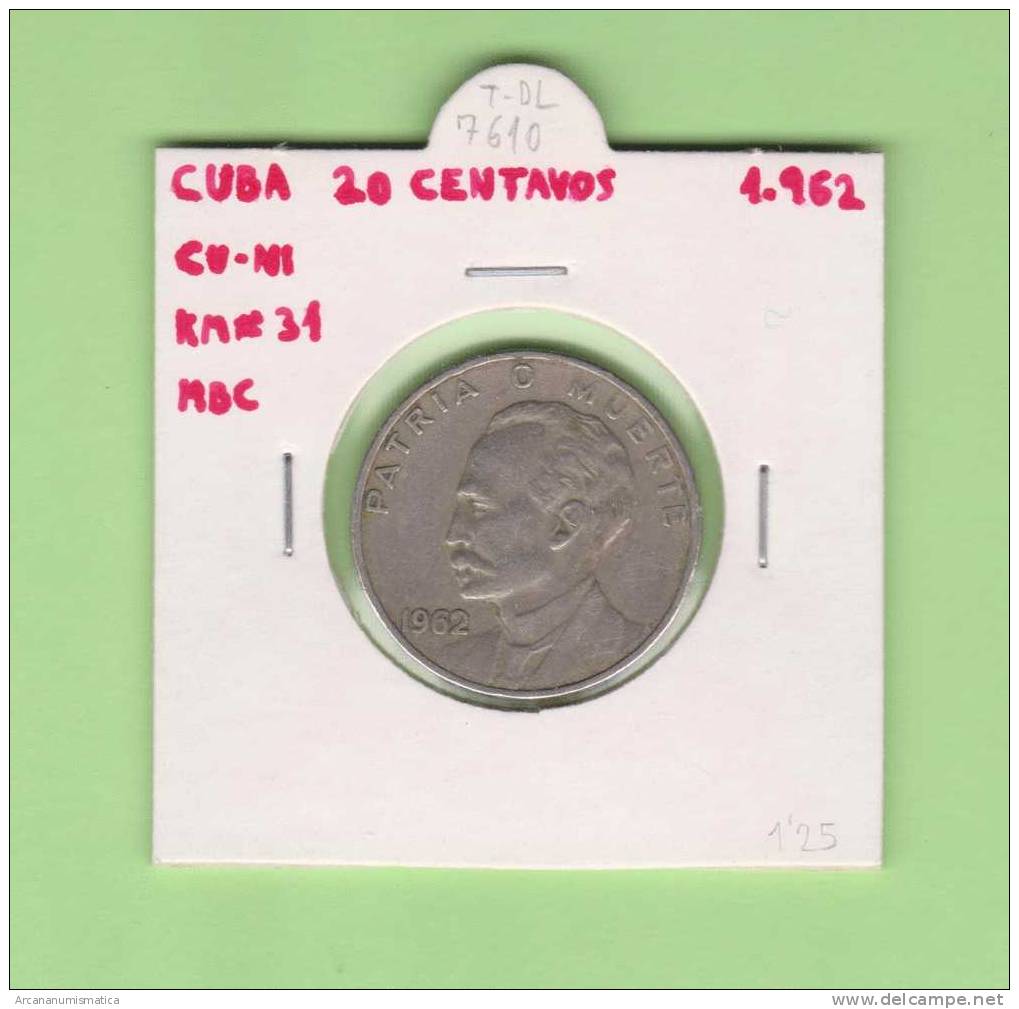 CUBA  20  CENTAVOS  1.962   CU NI    KM#31  MBC/VF         DL-7610 - Cuba