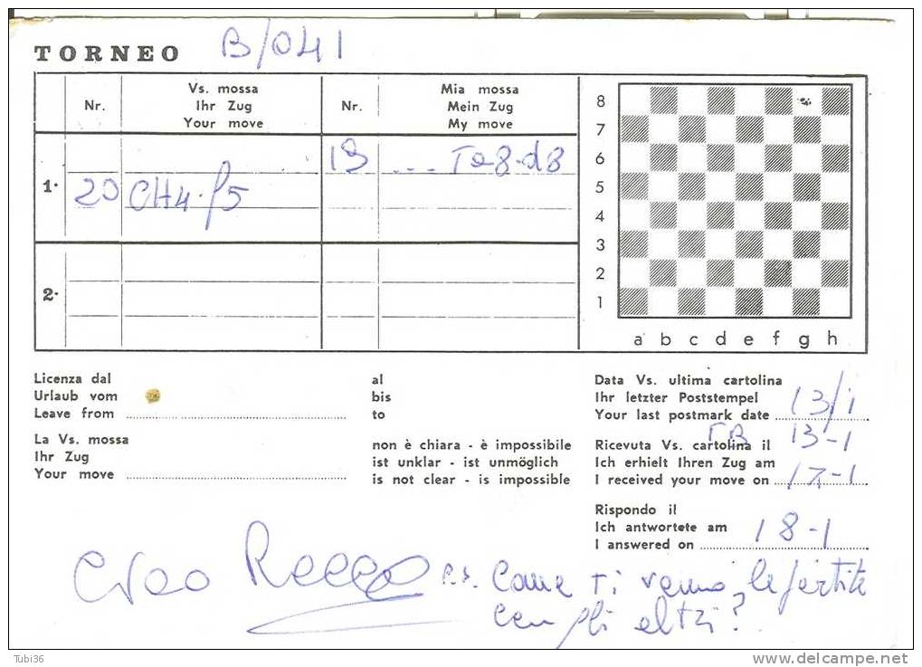 CARTOLINA SCACCHISTICA -  ORIGINALE  PROVENIENTE DA TORNEO FRA GIOCATORI - - Chess